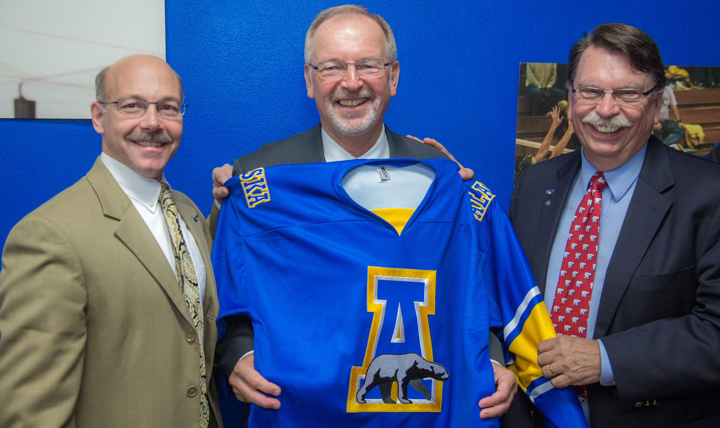 Vice Chancellor Mike Sfraga (left) and Chancellor Brian Rogers (right) introduce Gray at Friday's press conference. (UAF Photo by Todd Paris)